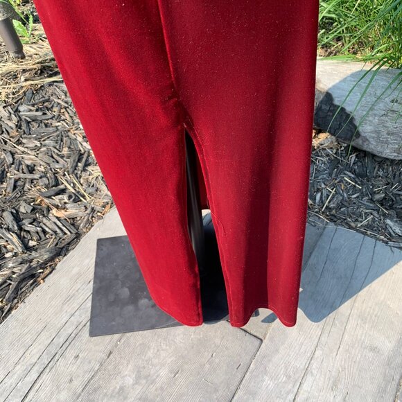 Vintage 90s Red Velvet Maxi Slip Dress Square Neck Glitter Side Slit Long Gown - Picture 7 of 16